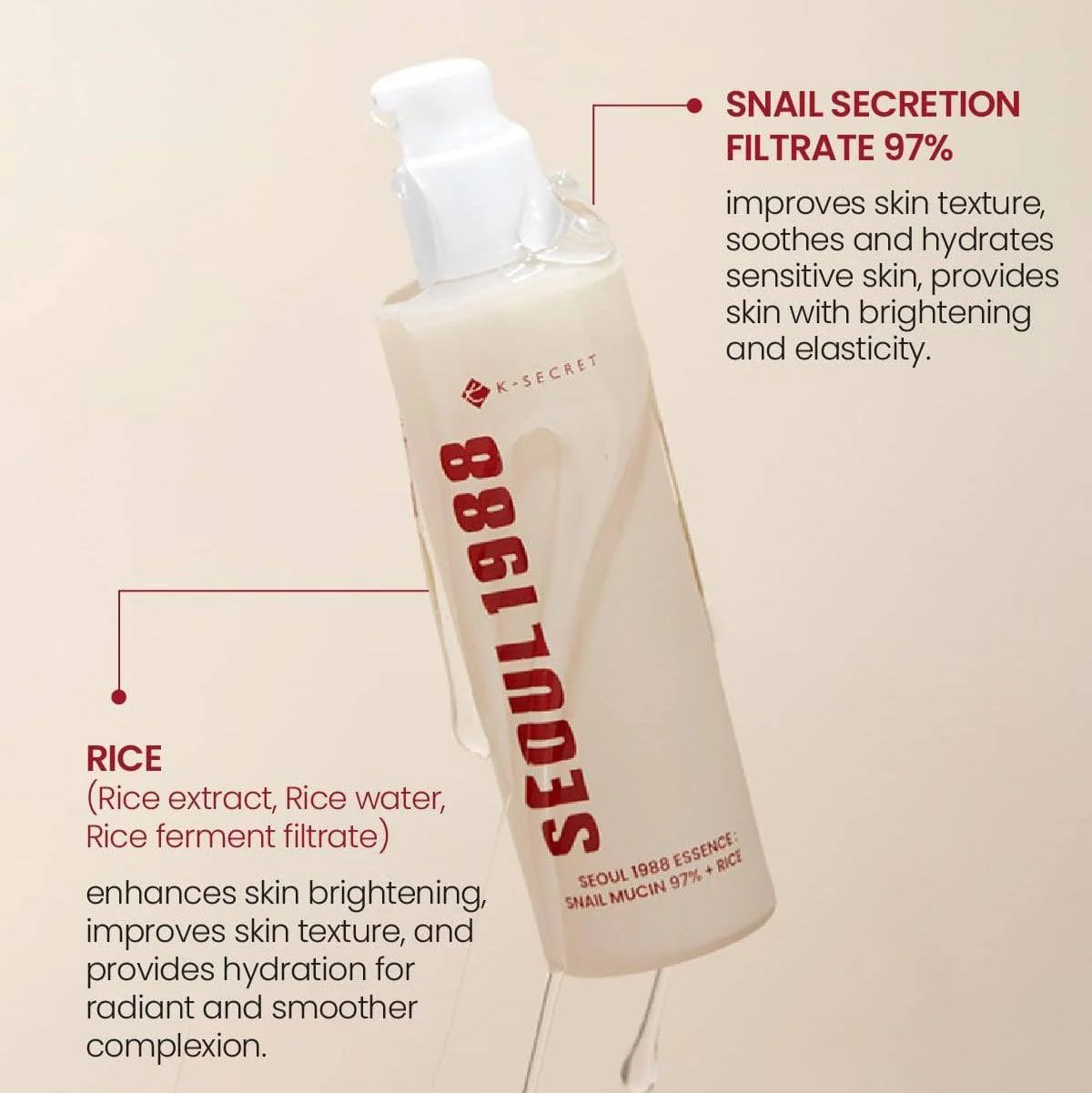 KSECRET Seoul 1988 ESSENCE: Snail Mucin 97% + Rice 100mL - Image 10